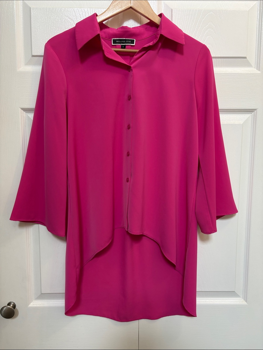 Melanie Lyne Bright Pink/Fuchsia High Low Button Up 3/4 Sleeve Blouse